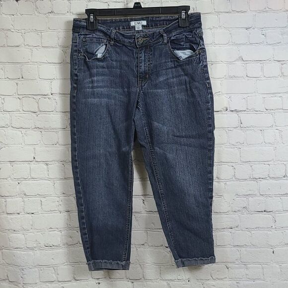 CATO Crop Stretch Distressed Denim Blue Jean Cuff Capri Pants Mid-Rise Women's 6 - Picture 1 of 8